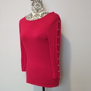 Cable & Gauge Hot Pink Long-Sleeve Scoop Neck Top with Decorative Sleeve Buttons